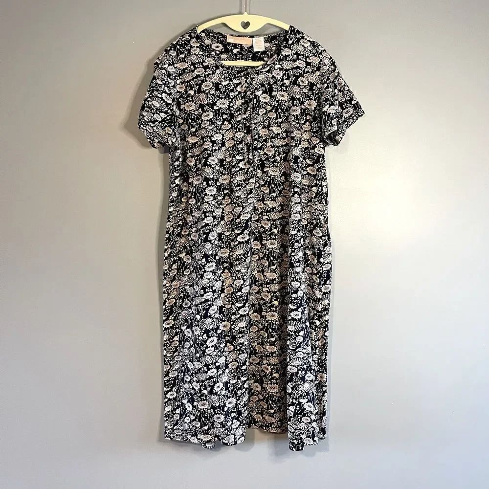 LA Cera Navy Cream Floral Short Sleeve T-Shirt Henley Dress | SZ M